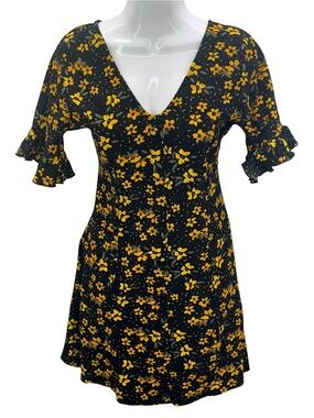 V By Very Floral Mini Dress UK 10 US 6 Black Yellow V-Neck Ruffle Sleeve Button